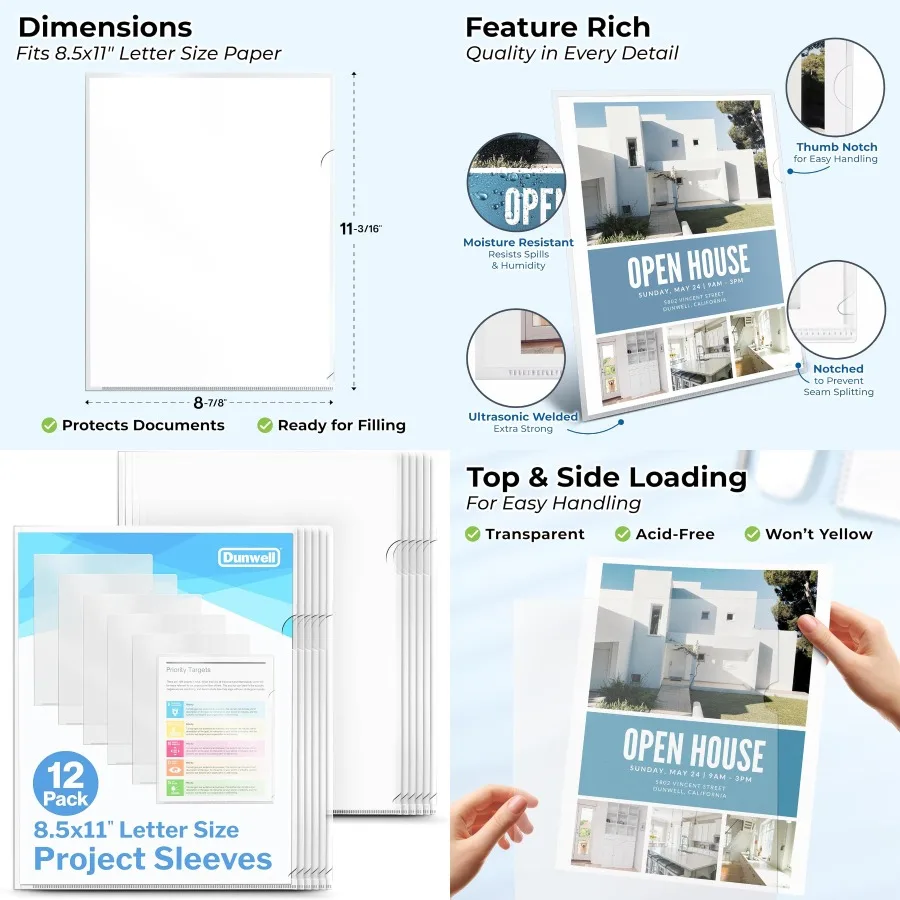 

Dunwell Clear Folders for Documents Plastic 8.5x11 File Sleeves for Document Protection Filing Storage Organization 12 Pack Tra