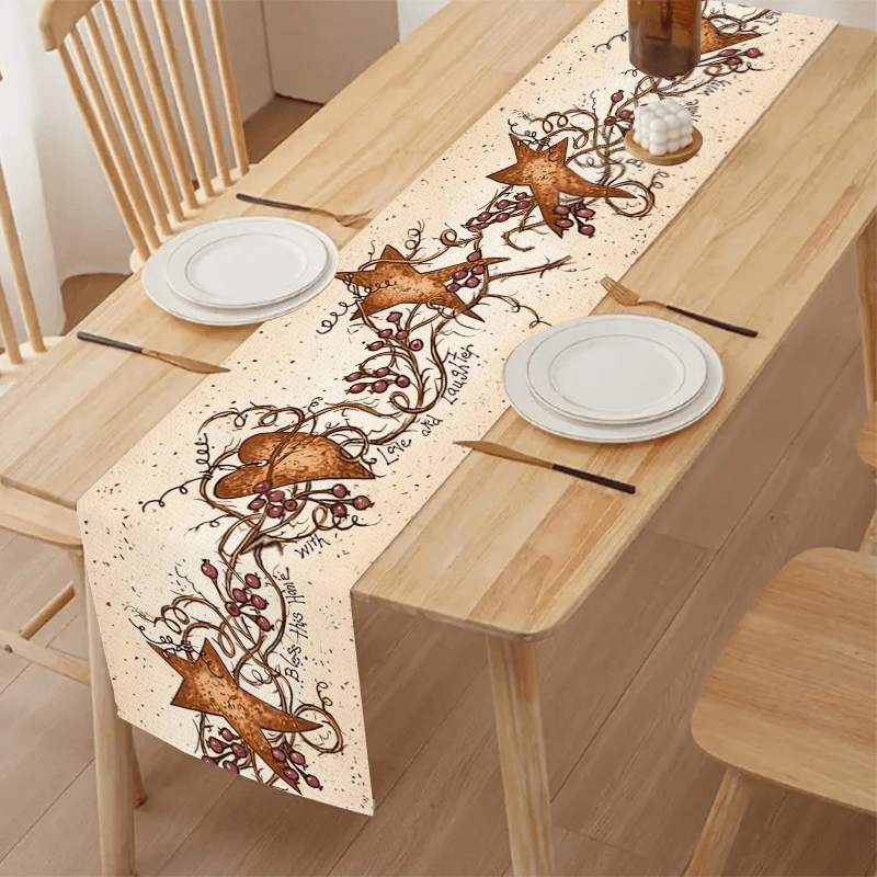 1pc Rustic Star & Vine Table Runner Farmhouse Style Dining Table Decor for Home Kitchen