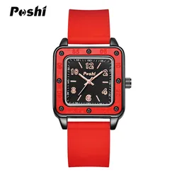 POSHI Luxury Women's Watch Original Quartz Watch Silicone Strap Waterproof Square Ladies Wristwatches Clock for Women Female