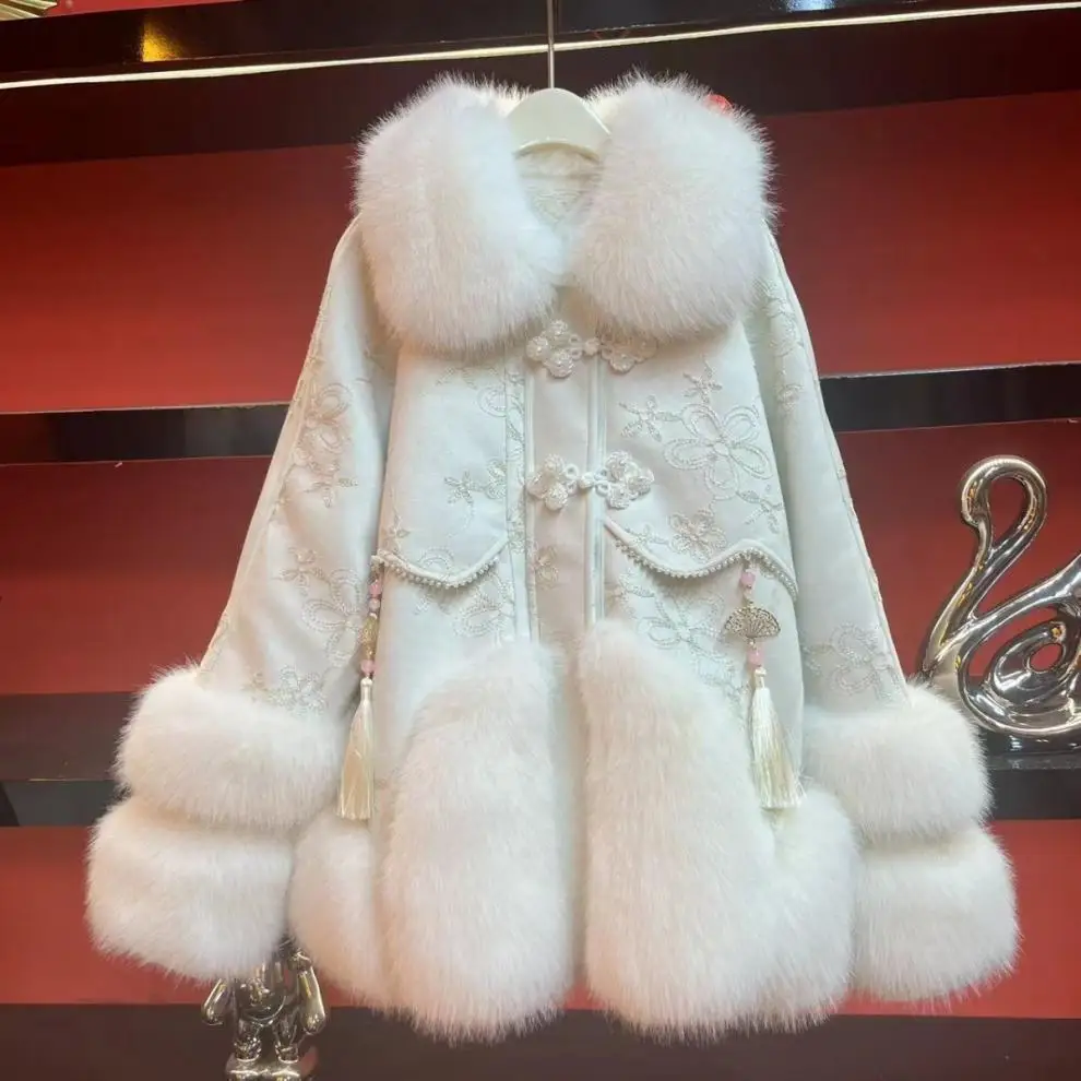 

Fur Splicing Top 2025 New Luxury Women's White Fur Down Jacket Short Parka Coat with Fox Fur Collar Leather Trim Puffer Outwear