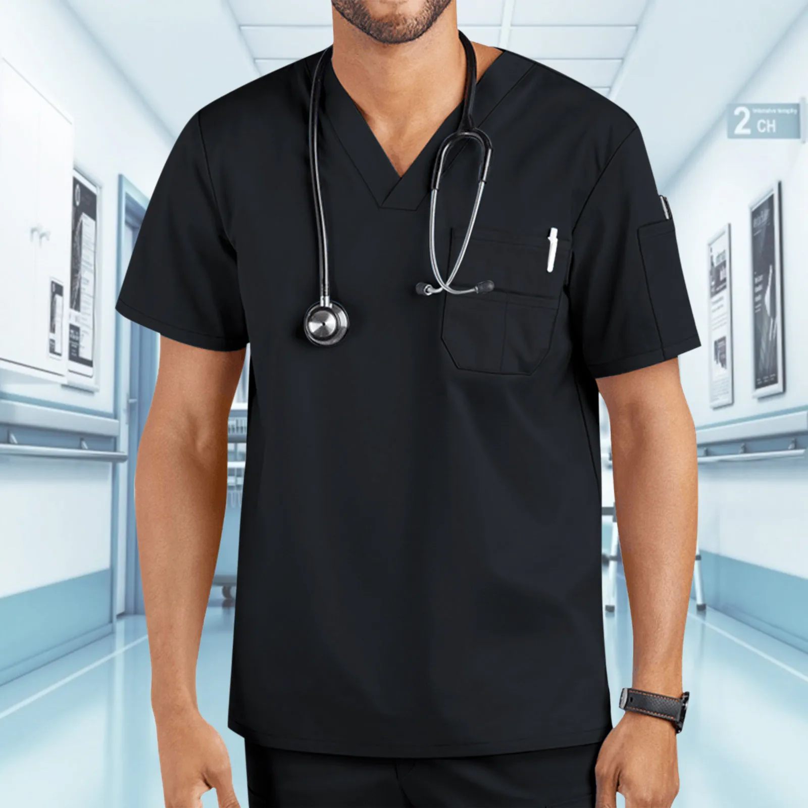 Nurse Uniform Mens Medical Scrub Tops Shirt Solid Pocket Sleeve Blouse Male Workwear Dentist Nursing Costumes Surgical Overalls