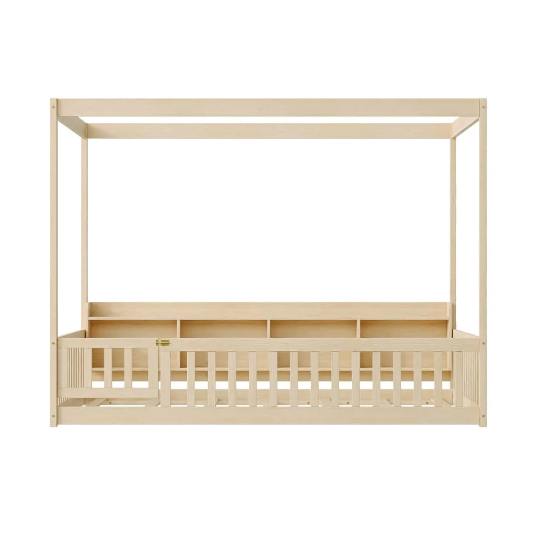 Montessori Floor Bed with Headboard Storage Cubbies, 4-Sided Guardrails & Side Access Door, Full Size Toddler Bed Frame for Bedroom, Natural