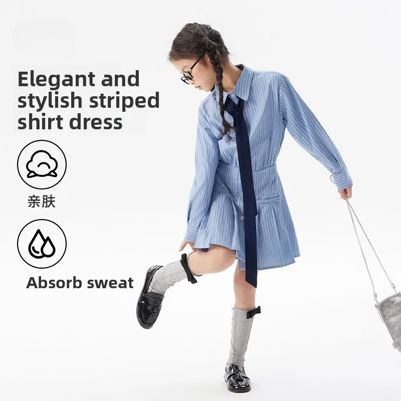 

Новое осеннее корейское полосатое платье-рубашка для девочек 2025 года — стильное дышащее модное платье с воротником для больших и маленьких девочек!