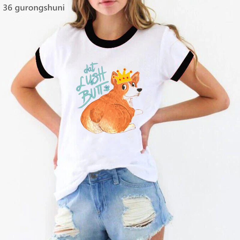 

Corgi Crown Graphic Print Tshirt Women Clothes 2025 Funny White T Shirt Femme Dog Lover T-Shirt Female Harajuku Shirt Wholesale