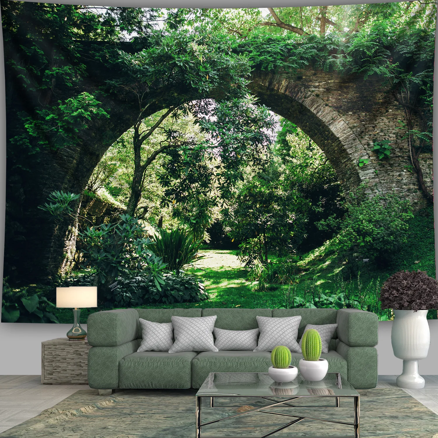 Mystic Garden Landscape Tapestry Arch Bridge Lush Trees Background Boho Decor Wall Hanging for Living Room or Bedroom Decoration