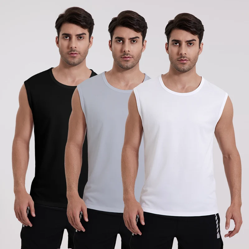 Men\'s Four Seasons Solid Color Quick-drying Sleeveless Vest Slim Young Men Handsome Sleeveless round Neck Joker Middle-aged Vest