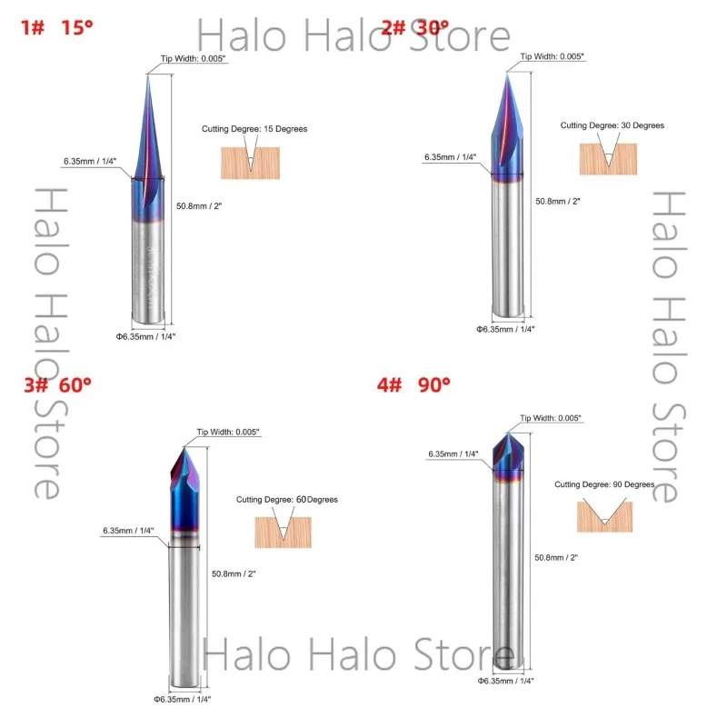 1/4 Shank V-shaped Engraving Knife 3-blade Nano Blue Coated Carbide Flat Bottom Tip Knife Engraving Woodworking Milling Knife