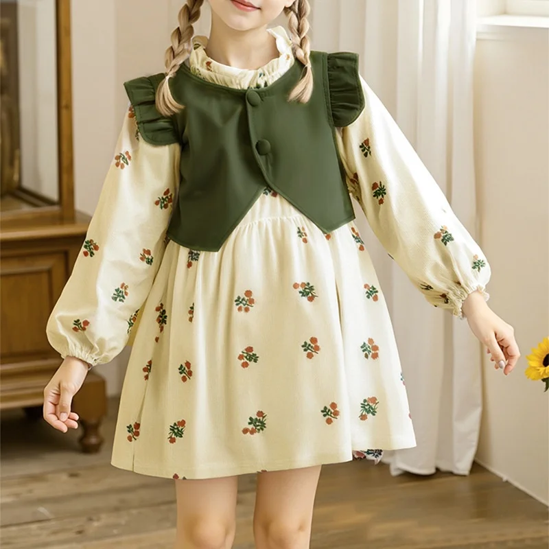 New Spring Autumn Baby Girls Dresses Sweet Vest-style Fake Two-piece Print Long Sleeve Dresses For Girls Kids Clothing 10M-4Yrs