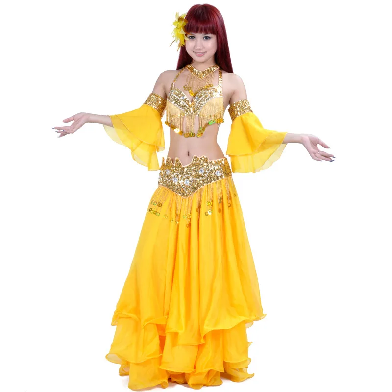 Women Belly Dance Top Bra+Belt +Skirt 3 Pieces Set Belly Dance Costume Outfit Set Bras+Belt Adult Women Bollywood Dance Clothes