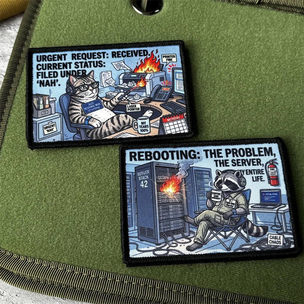 1PC/2PCS Funny IT Animal Printed Morale Patch Raccoon Server Cat Printer Meme Badge for Backpack Jacket Clothes Accessories