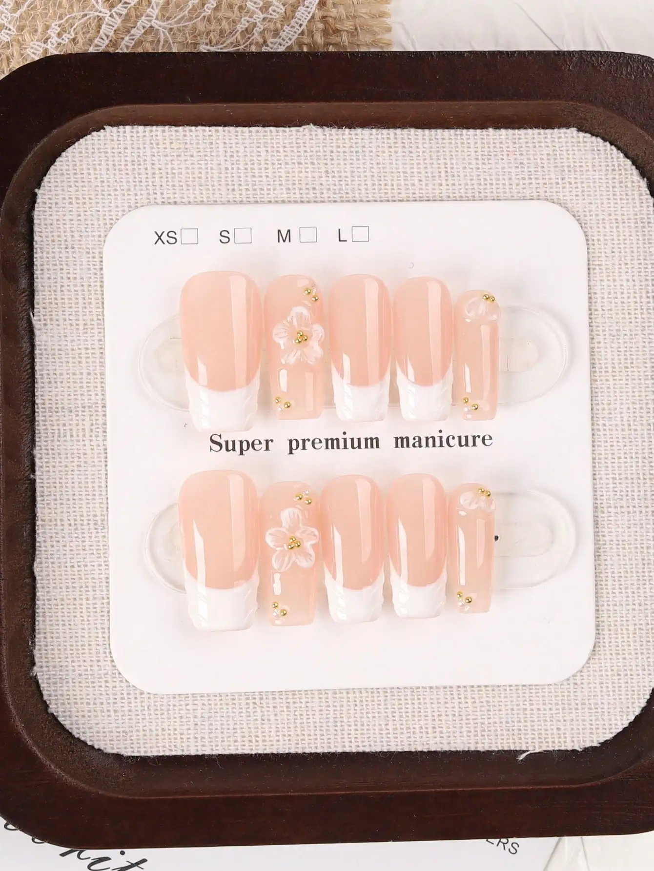 10 Medium-Length Rectangular Handmade Press-On Nails in Nude Pink French Style with 3D Floral Design, Gentle and Ethereal Style, Translucent Nude Pink Base Color Paired with Wavy White French Style, Hand-Painted 3D Sma