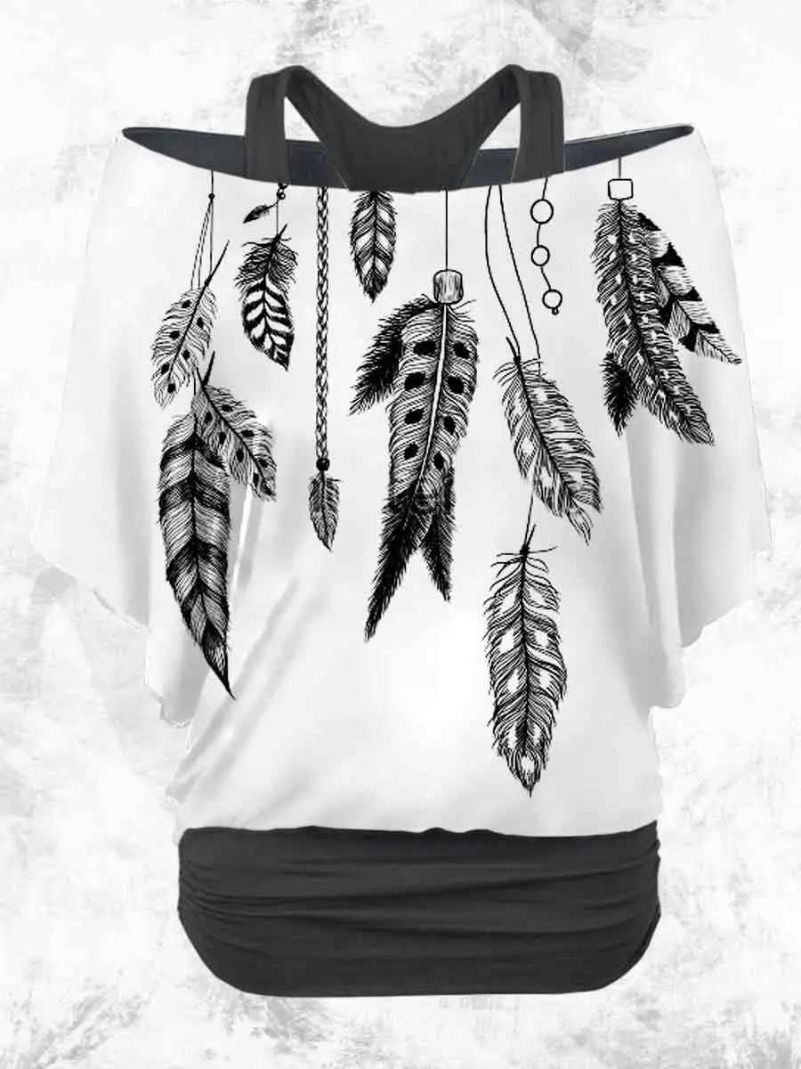 PLstar Cosmos 3D Printed Indigenous Style Horse Pattern Faux Two-Piece Top, Women's Casual T-Shirt, Harajuku Street Style-3