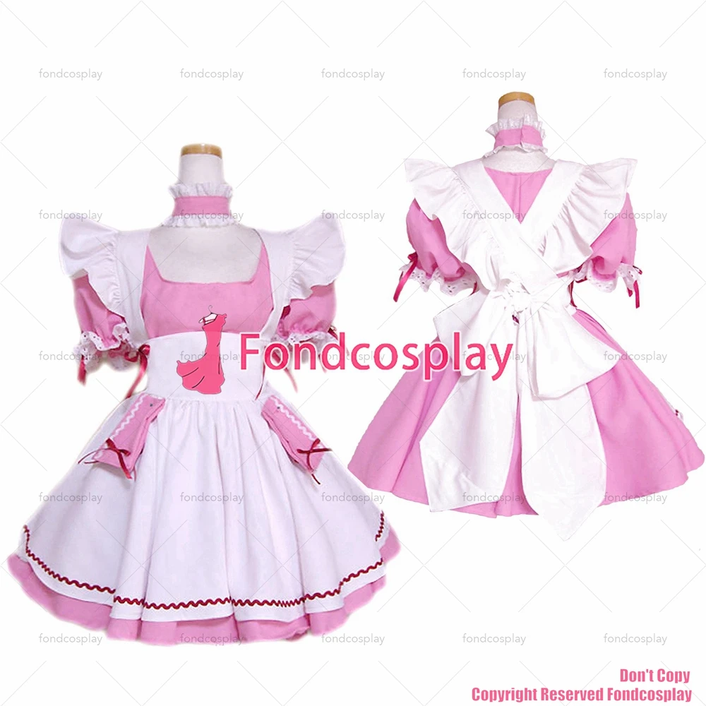 

fondcosplay adult sexy cross dressing sissy maid short lockable baby pink cotton dress uniform white apron CD/TV [G1613]