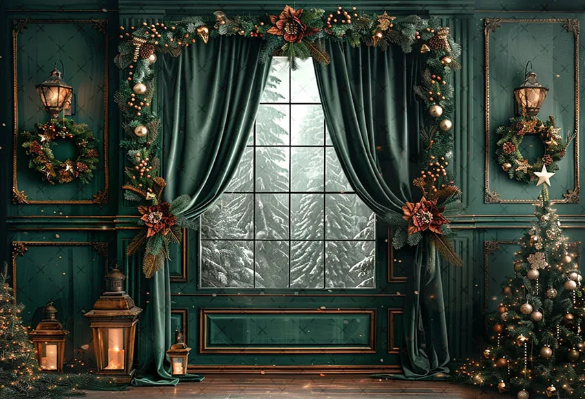 Mehofond Photography Background Winter Christmas Green Window Curtain Xmas Tree Kids Family Portrait Decor Backdrop Photo Studio