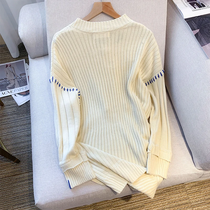 بلوفر نسائي أوف وايت فضفاض متماسكة سترة Harajuku خمر Y2k كم طويل الخامس الرقبة اليابانية سترة الكشمير المعنقة 2000s الملابس 2025 #3