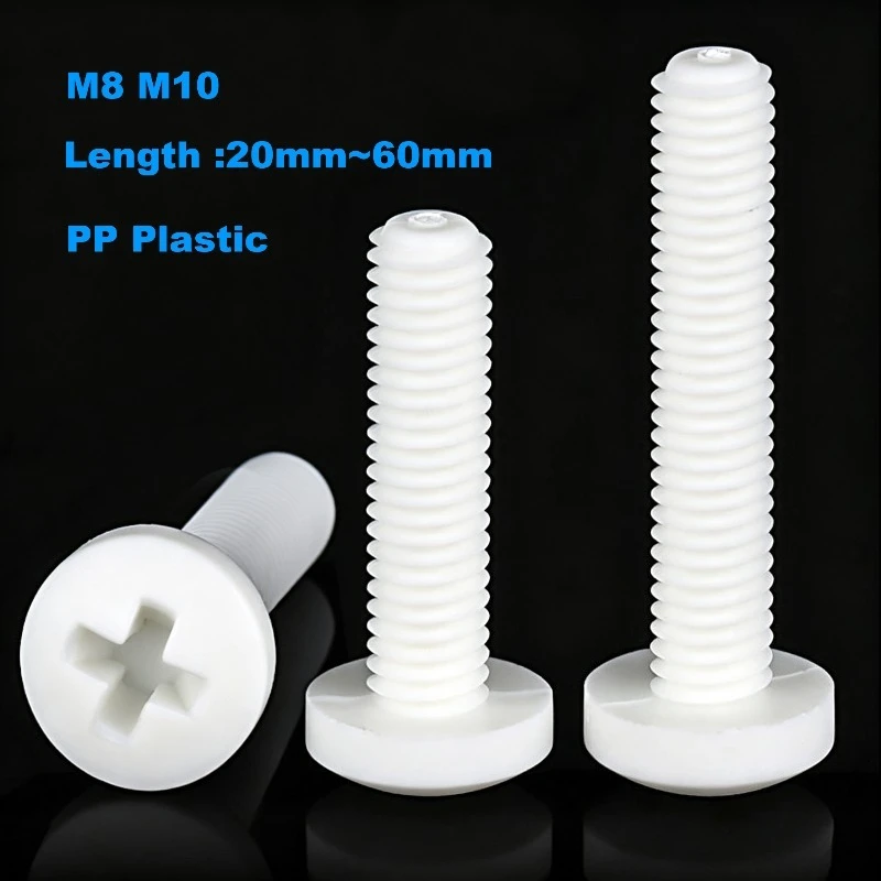 10Pcs Phillips Round Pan Head Screw, PP Polypropylene White Plastic Insulation Cross Screw Bolt M8 M10 Fastener