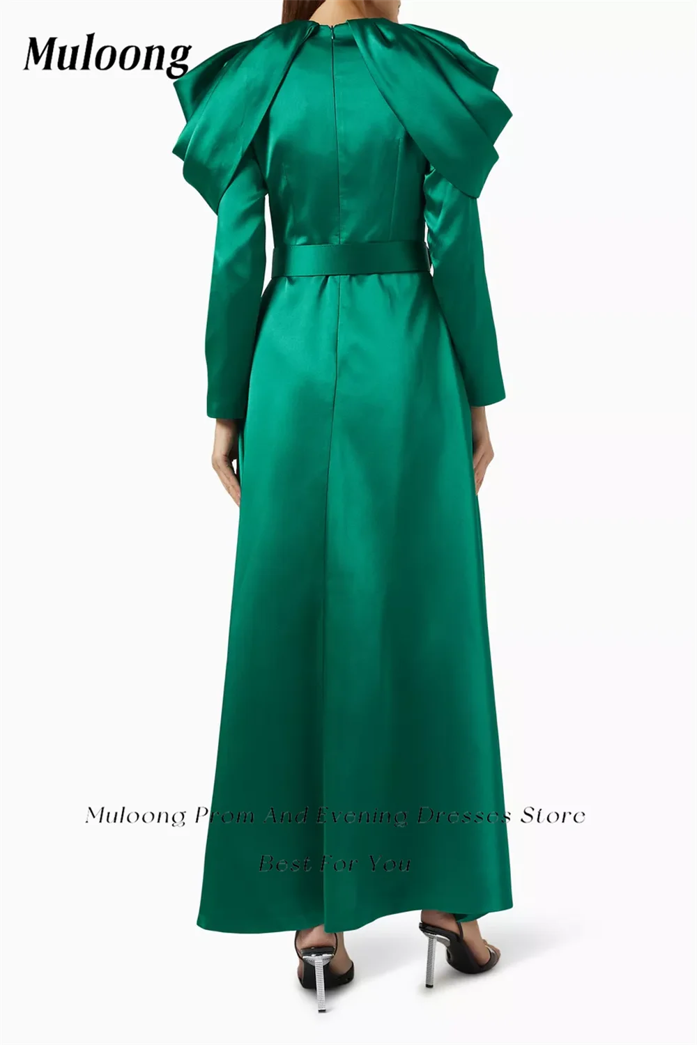 Muloong Green O Neck Maxi Dress Pleated Sleeves Ankle Length A Line Classic Evening Dress Crystal Saudi Aribia Prom Gown