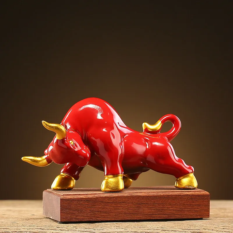 HYS creative desktop calf ornament ceramic zodiac red lucky Year of the Ox mascot bullish living room decoration