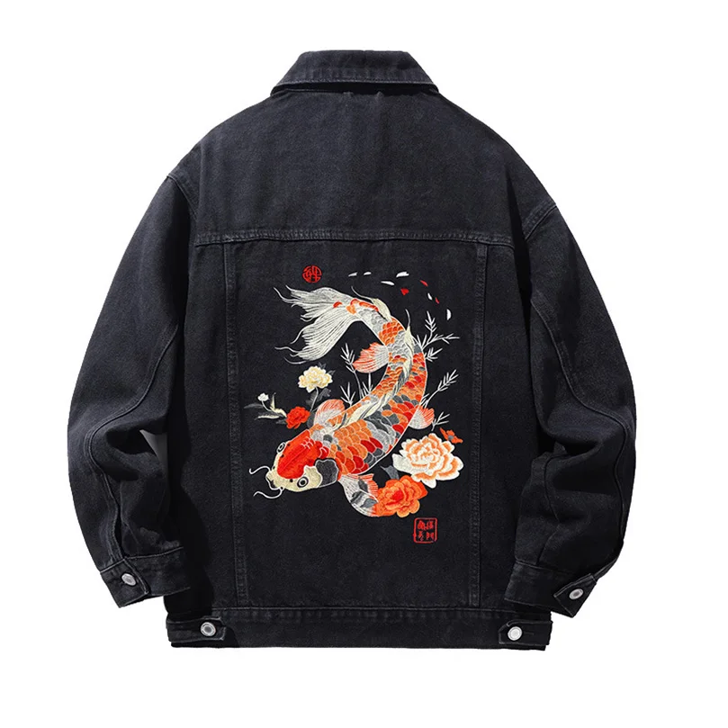 

Brocade Carp Embroidery Luminous Denim Jacket Men Cotton Jeans Coat Spring Autumn Hiphop Punk Casual Streetwear 2025 Z1