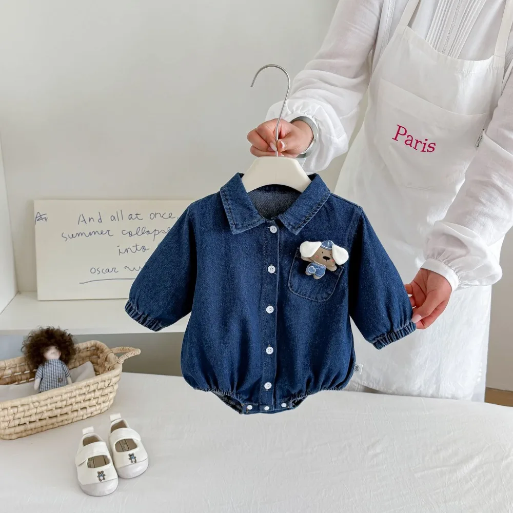 Fashion Newborn Baby Girl Romper 0-2Years Infant Boy Long Sleeve Turn Down Collar Denim Bodysuit Outfits Autumn Clothes