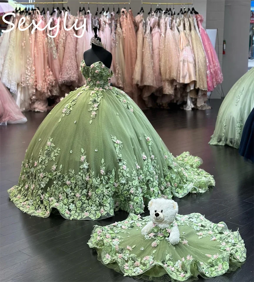 Sparkle Sage Green Quinceanera Dresses Charro Xv Mexican Vestidos de 15 Anos Lace Up 3D Floral