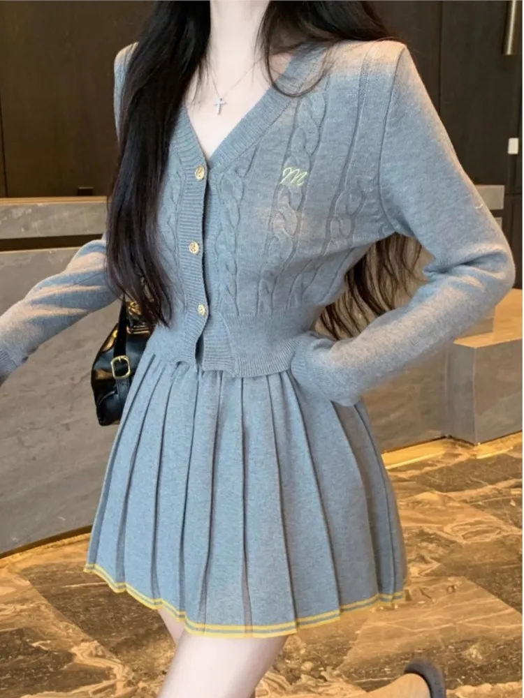 Pleated Knitted Two Piece Skirt Set Women Autumn V Neck Single Breasted Long Sleeve Top Mini Skirt Korean Chic Female Outfit New