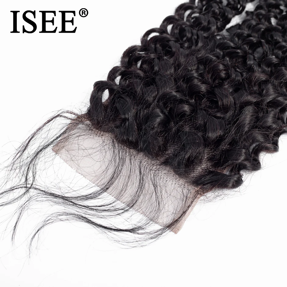 ISEE HAIR Kinky Curly Lace Closure 4*4 Free Part 100% Remy Human Hair Bundles 8-20 inch Lace Closure Nature Color