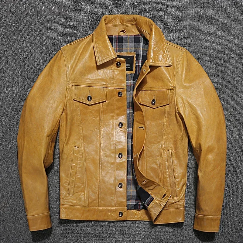 Genuine Leather Jacket Men Vintage Natural Sheepskin Coat Spring Autumn Mens Leather Casual Jackets Yellow Chaquetas Hombre Tide