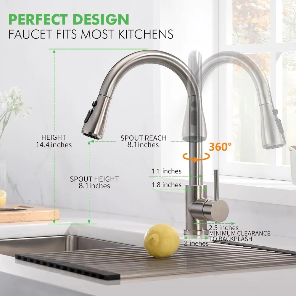 Kitchen Faucets, Kitchen Sink Faucet with Pull Down Sprayer Brushed Nickel Stainless Steel Modern High Arc Single Handle Single