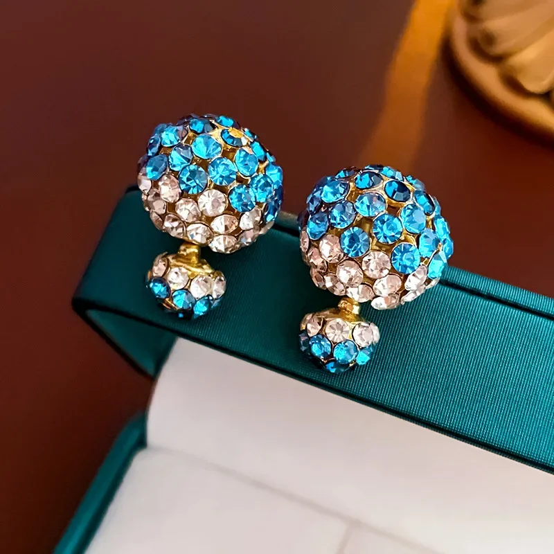 Bluey Rhinestone Ball Two Wear Stud Earrings for Women Delicate Fashion Light Luxury Advanced Silver Needle Jewelry Wholesale