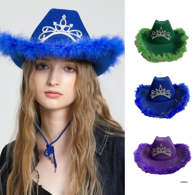 Western Cowboy Hat Cowgirl Hat Furry Trims Womens Fedora Hat Party Photo Props image 3