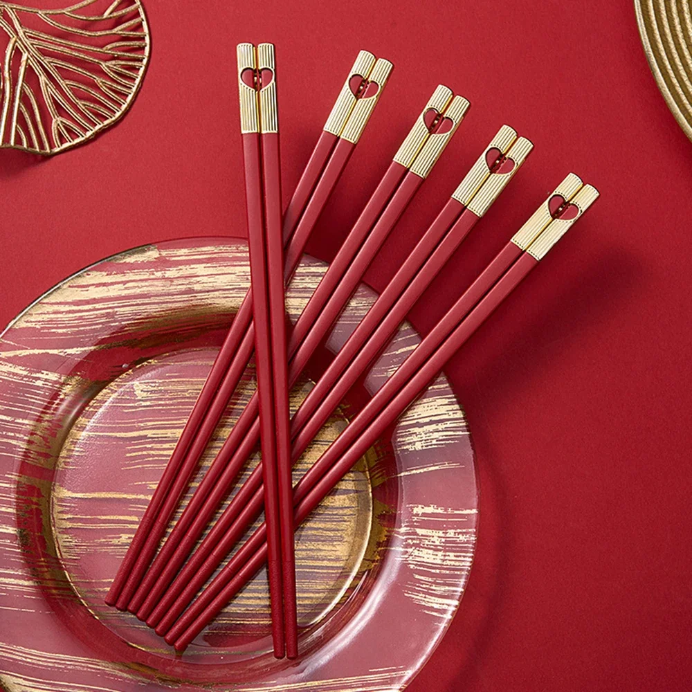 5 Pair Red Heart pattern Chopsticks Reusable 24cm Chinese Chopstick for Weddings Korean Japanese Sushi Chop Sticks Set