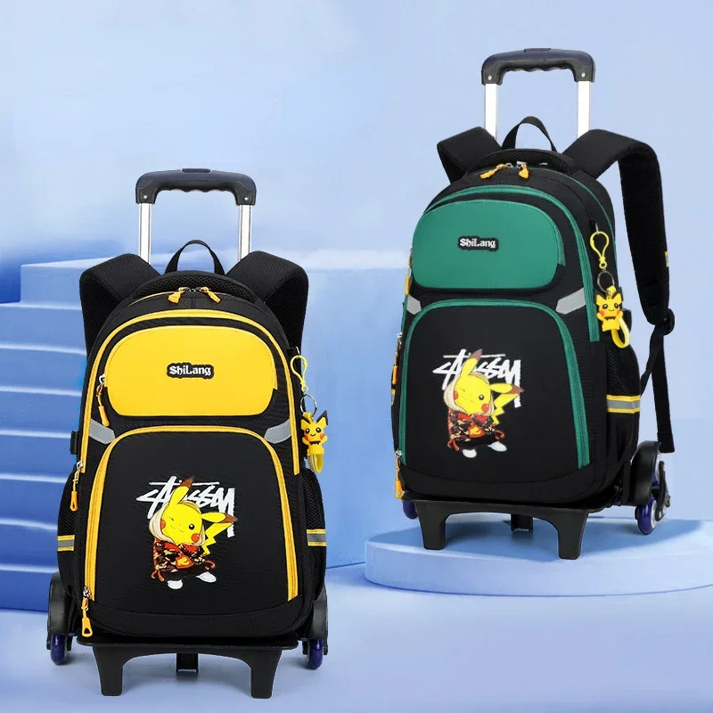 MINISO Pokemon Cartoon Trolley Schoolbag Boys Trolley Backpack Large Capacity Pullable and Backpack Climbing Two/six Wheels