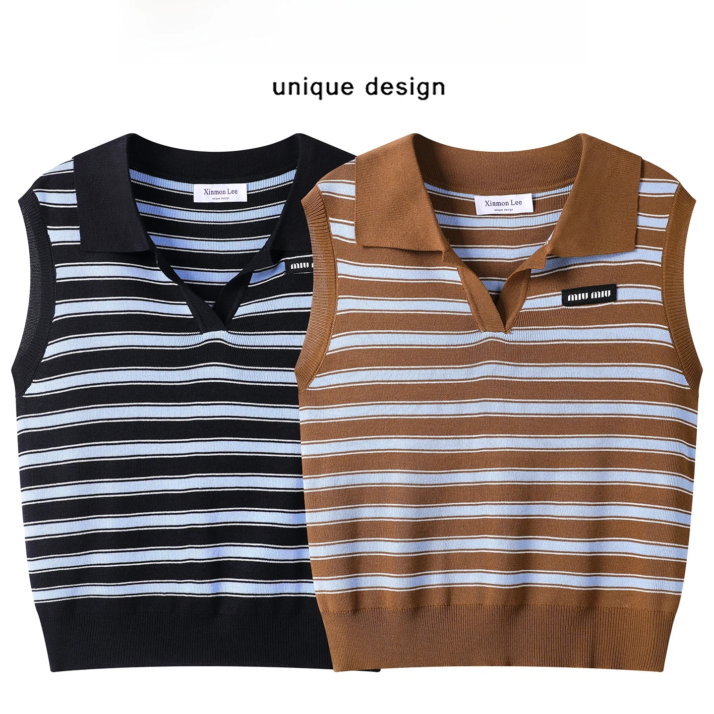 

Retro American Coffee Color Ne Striped Knitted Vest ort V Ne Early Autumn Top Women's Faion Slim Fit Stripe Pattern