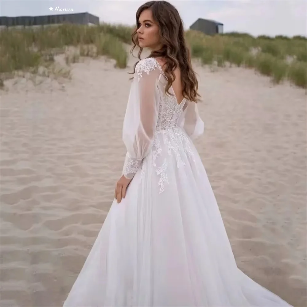 Marissa a linha de tule elegante vestidos de festa para casamento mulher rendas flores feito sob encomenda vestido de baile com decote em v mangas compridas vestidos de baile
