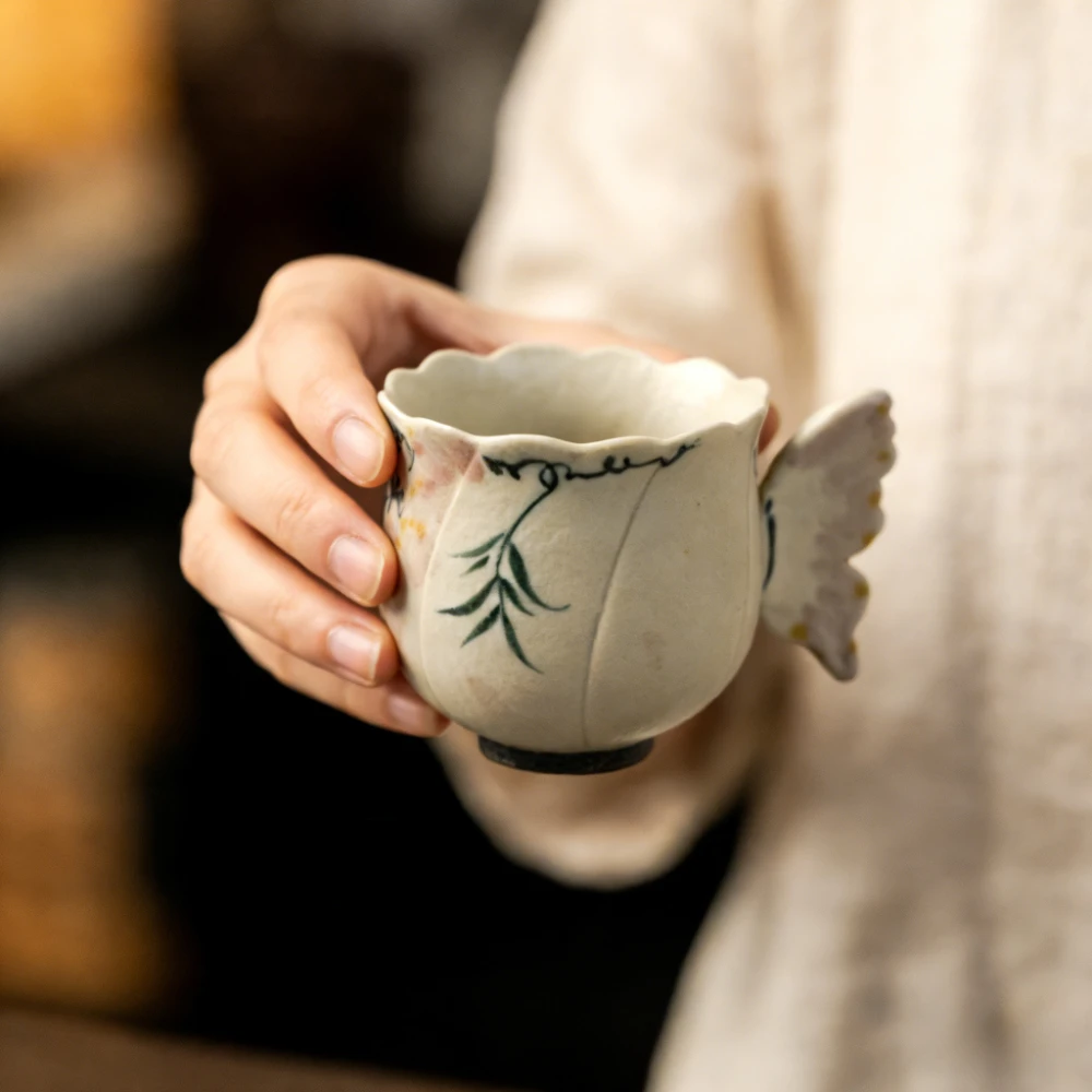 Exquisite Caramel Glaze Hand-painted Spring Branch Ceramic Owner's Cup,creative Butterfly Handle Tea Single Cup,drinking Utensil