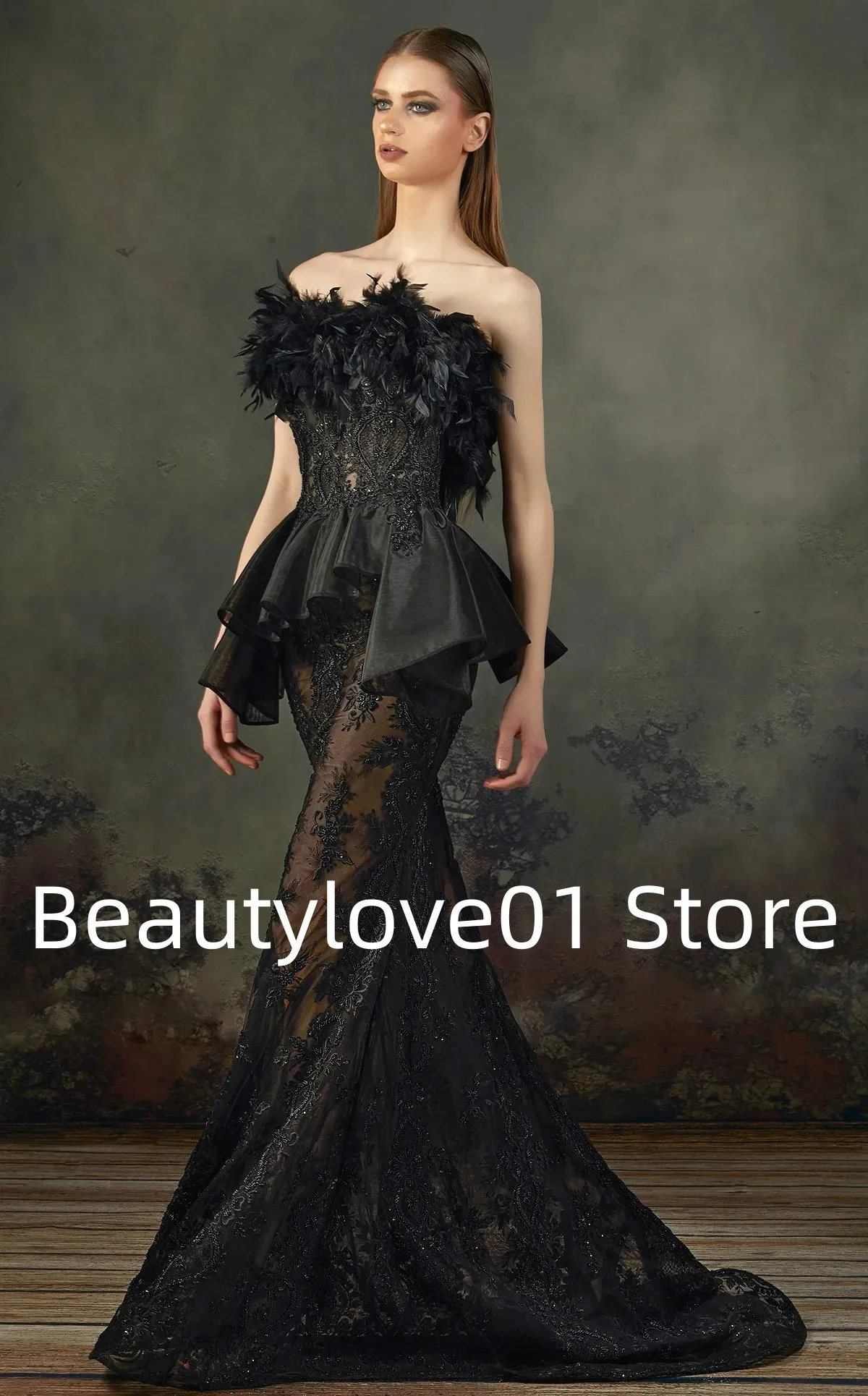 Black strapless sexy feather lace dance dress with sexy matching stickers, mermaid mesh, evening atmosphere, and evening dress