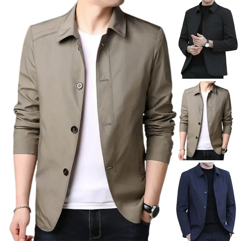 

Men Coat Stylish Men's Mid Length Jacket Classic Turn-down Collar Solid Color Single-breasted Cardigan for Fall Spring Business
