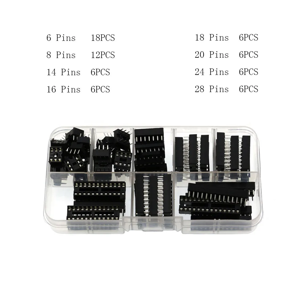 DIP IC Socket Adaptor 66PCS 8 Kinds Solder Type Socket Kit 6Pin 8Pin 14Pin 16Pin 18Pin 20Pin 24Pin 28Pin for Arduino PCB DIY Kit