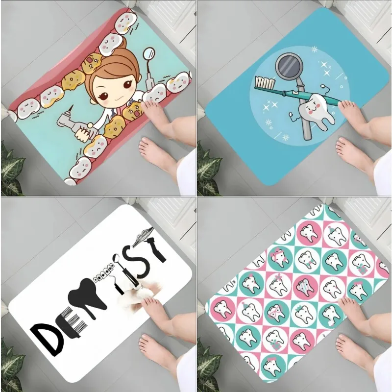 Cartoon Dentist Tooth Fun Graphic Printed Flannel Non-slip Mat Rug Carpet for Bathroom Kitchen Entrance Educational Home Decor