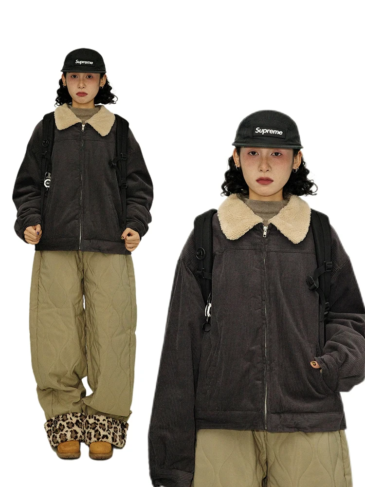 

Зимняя теплая куртка Guluwo в стиле ретро, японский свободный крой, хлопковая, с меховым воротником, короткое широкое вельветовое хлопковое пальто для женщин