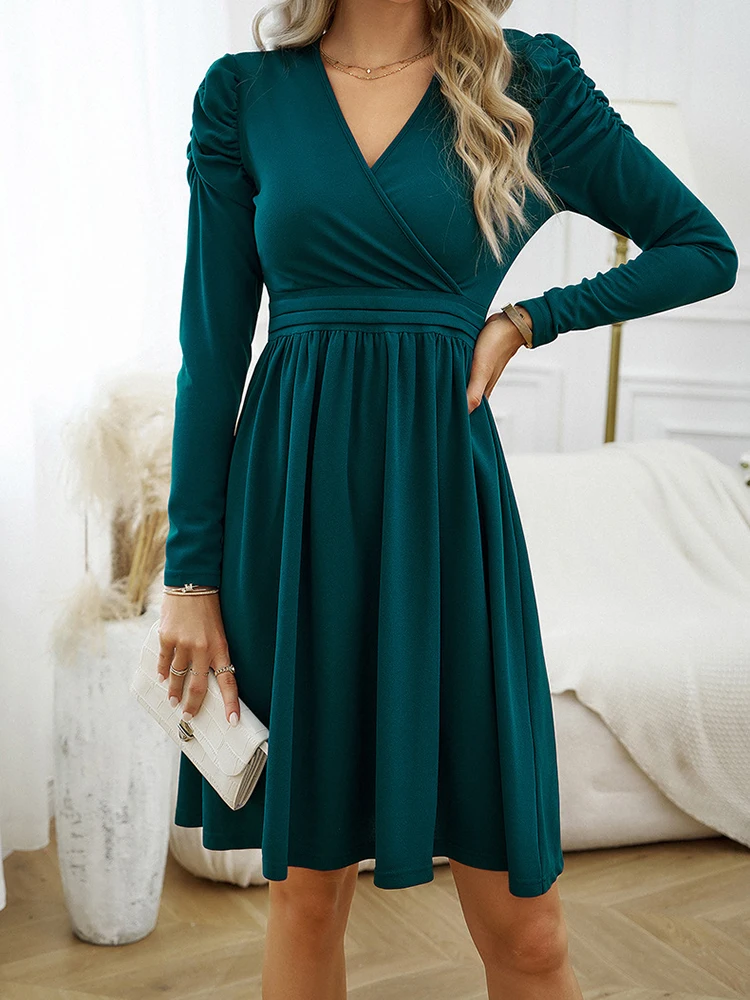 Elegant Midi Dresses For Women Autumn Winter Casual V Neck Puff Sleeve Basic Dress Fashion Black A-line New In Dresses 2023