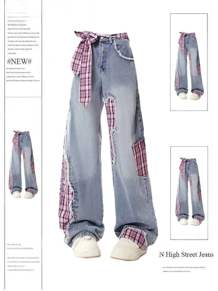 

Sweet Bow Strap Splicing Jeans Women's Trousers 2025 Spring and Autumn New Hip Covering Thin Denim Mopping Pants Female Bottoms