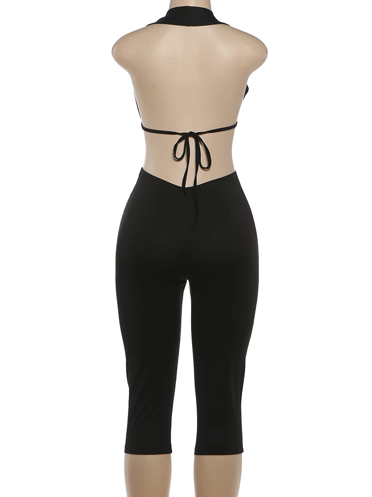 Sisterlinda Rückenfreier Damen-Jumpsuit mit Neckholder, ärmellos, Patchwork, Sommer-Clubwear, figurbetonter Playsuit mit Cut-Outs – Detail 5