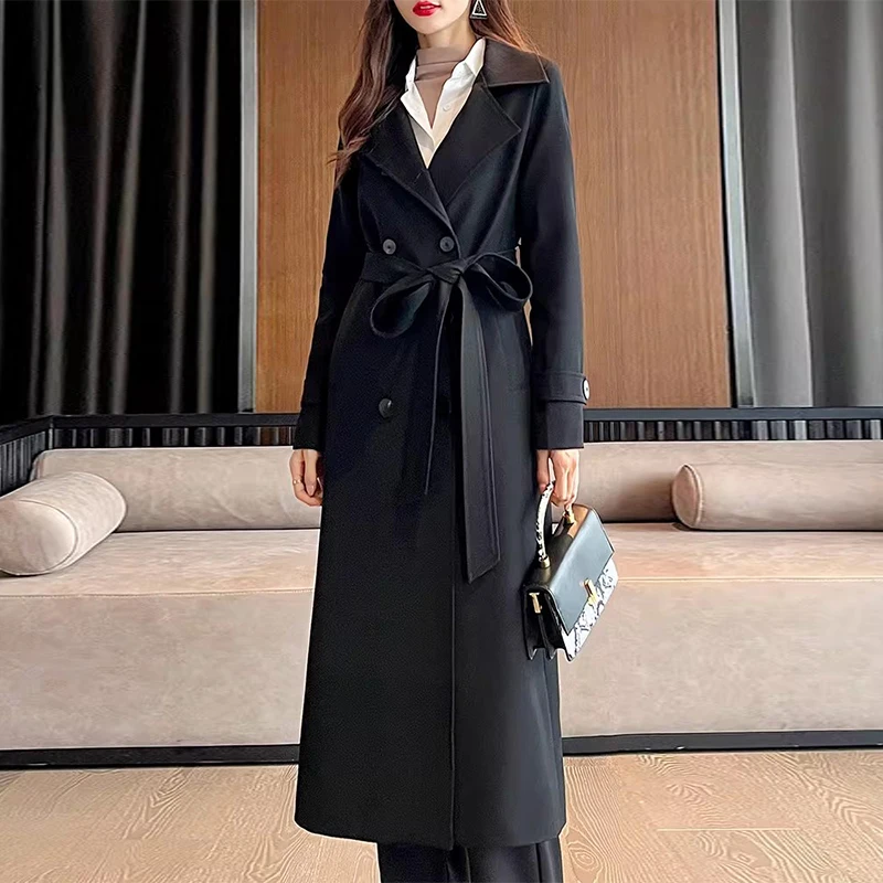 

Women's Black Casual Trench Coat – Spring Autumn Fashionable Mid-Length Coat, Hepburn Style Sophisticated Overcoat