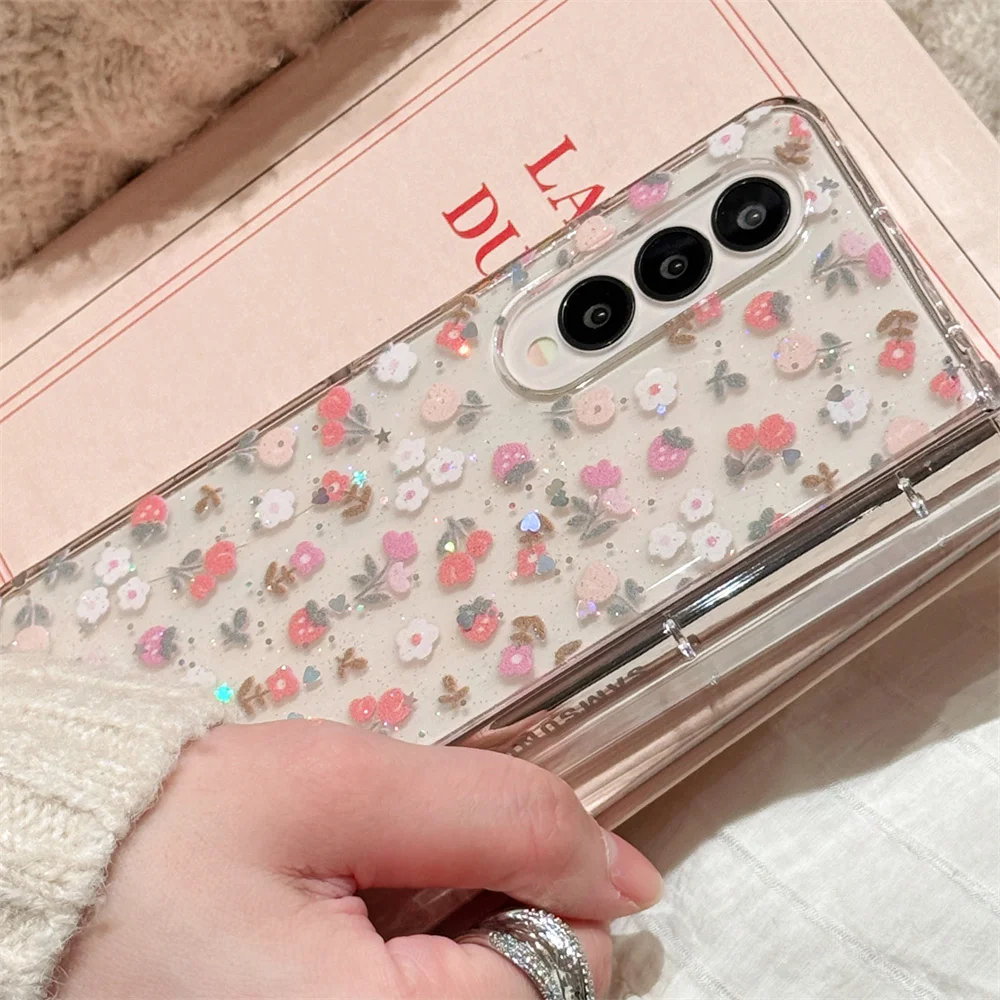 Korean INS glitter cute strawberry flowers case for Samsung Galaxy Z Fold 7 Fold 6 5 Fold 4 3 fold 5 cover with chain cute funda