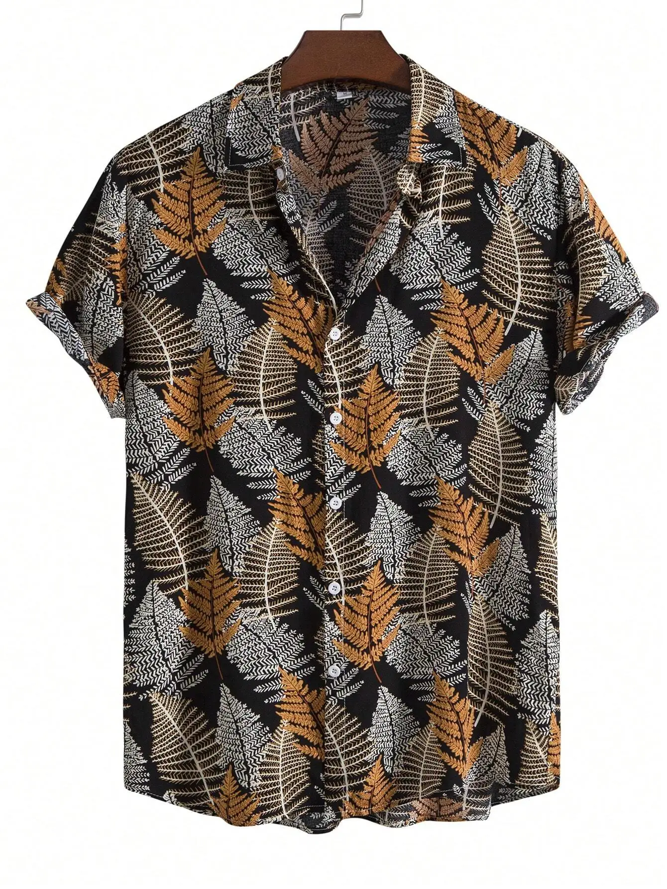 

Men's Short Sleeve Botanical Print Casual Shirt with Fern Pattern