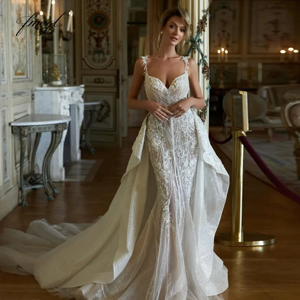 

Customized Scalloped Spaghetti Straps Mermaid Wedding Dresses Lace Beaded Vintage Detachable Train Vestido De Novia Bridal Gowns