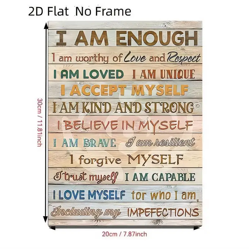 I Am Enough Self - Love Affirmations Wooden Texture Tin Sign - 20x30cm Motivational Wall Art, Iron, Perfect for Bedroom/Office P
