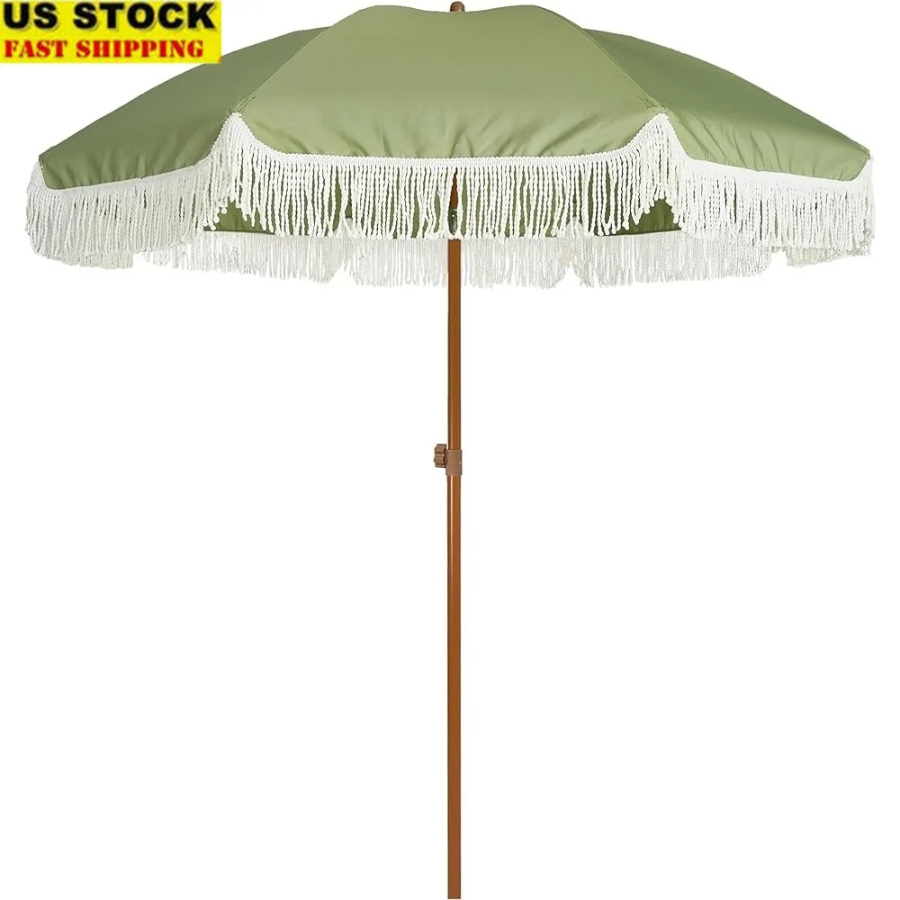 

7ft Patio Umbrella with Fringe Push Button Tilt Heavy Duty Steel Pole UV Protection Outdoor Garden Beach Party